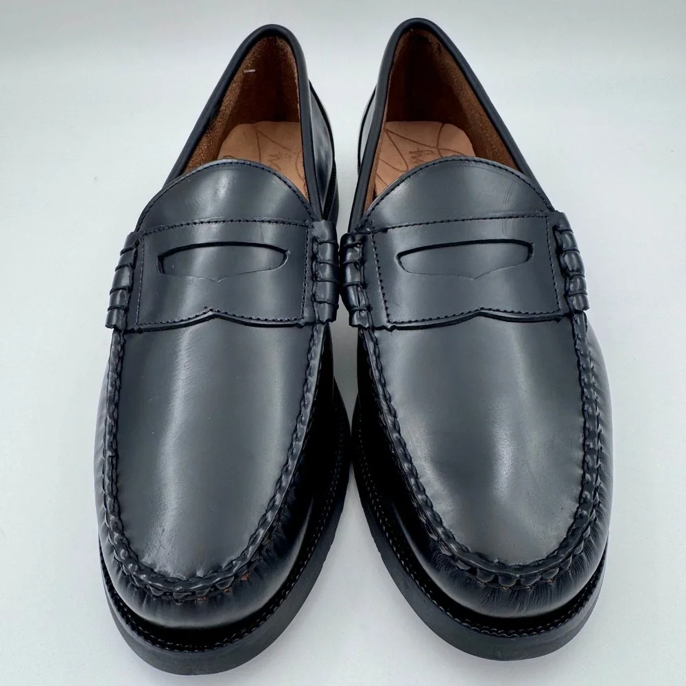 NWT Hamilton Men 12 Black Pig Leather Penny Loafers Handmade Moc Toe Dress Shoes